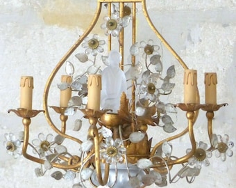 Excpt. maison bagues french mid-century gilt iron floral lyre chandelier chinese