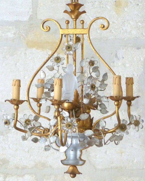 Exceptional Maison French Mid-Century Rings Lyre Chandelier Gilt Iron Floral Chinese Figurines