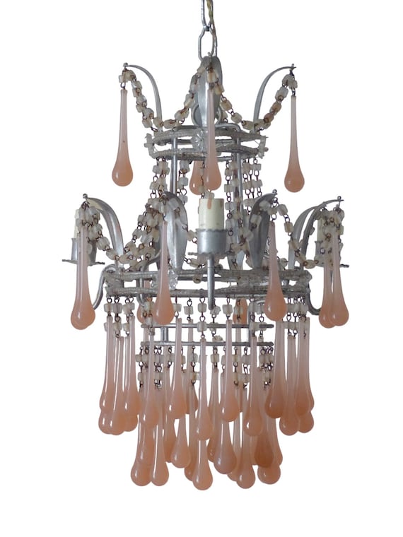 Antique chandelier peachy pink opaline drops beads 1920 murano rare 3 lights