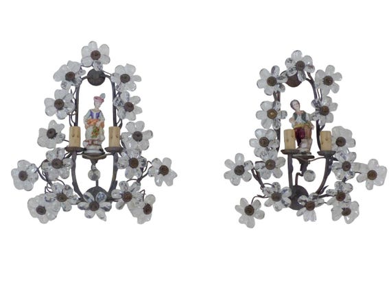 Gorgeous antique pair wall light clear prisms flowers sconces porcelain figurine