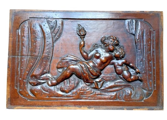 24" antique french hand carved walnut wood panel classic woman cherub nude 19th