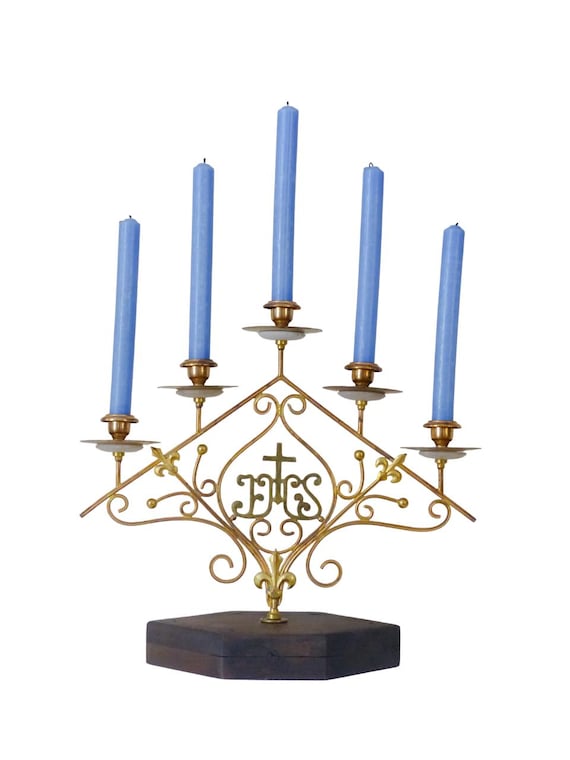 Vintage Church Candelabra Brass Wood Base IHS Cross 5 Candle Holder Religious Decor