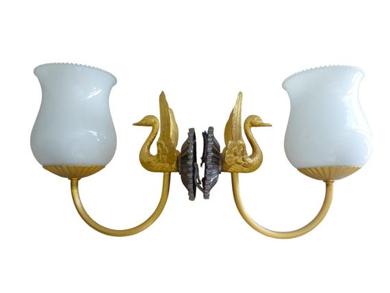 Pair Vintage Empire Style Gilt Swan Wall Sconces, Opaline Glass Tulip Shades, Neoclassical French Style Wall Lights, Gold & White