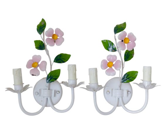 Charming florentine pair wall light enameled metal tole flowers 1980 italian