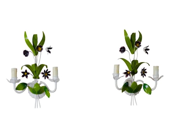 Charming florentine pair wall light enameled metal tole flowers 1980 italian