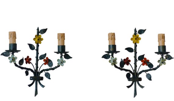Pair Vintage Painted Metal Vine Wall Sconces, Enamel Flowers, 2-Light Colorful Botanical Cottage Lighting 15.4"H