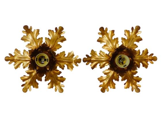 Pair of Banci Gilt Tole Wall Sconces, Italian 1980s Lighting, Gold Leaf Wall Lights, Hollywood Regency Decor, Vintage Banci Firenze