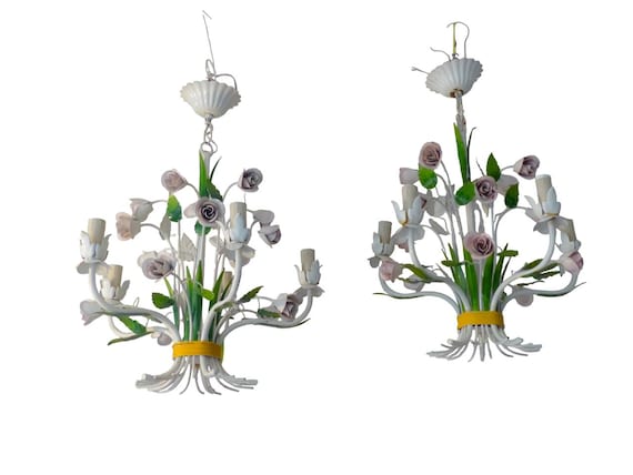 Pair vintage Florentine chandelier enameled tole flower italian ceiling roses