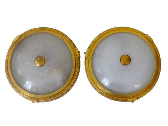 Gorgeous pair vintage French empire ceiling gilded bronze glass 1950s holophane