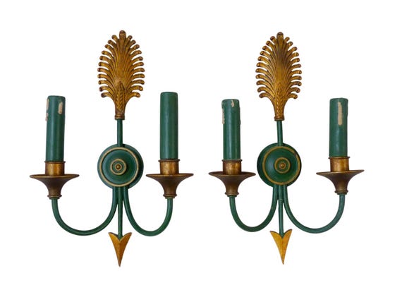 Pair of Antique French Empire Style Wall Sconces, Green & Gilt Bronze, Double Arm Candle Sconces, c.1900 Lighting