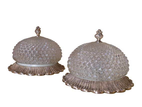 Pair gorgeous mid-century silver bronze diamond glass ceiling wall light 1970
