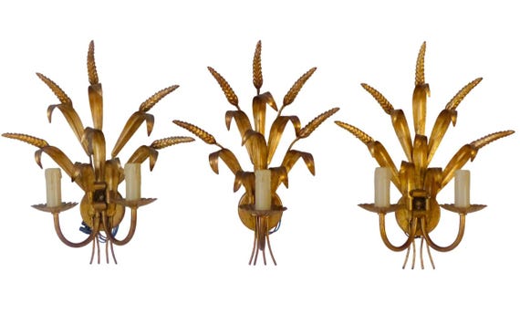 Vintage set 3x wall lights french gilt metal ear wheat sconces hollywood regency