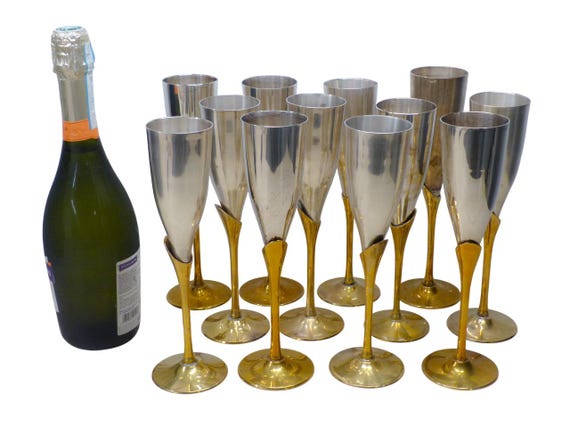Charming set of x12 vintage champagne flutes brass & silverplated metal 9" - used