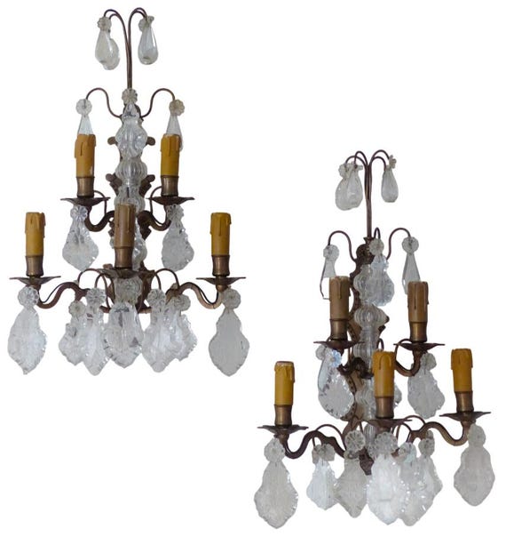 Baccarat 19th gorgeous pair wall light clear crystal drop sconces 5 fires rare