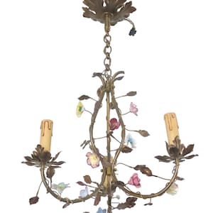 Gorgeous french vintage brass louis xvi candlestick porcelain flower foliage 1940