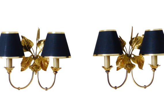 Pair of Vintage 1980s Brass Wall Sconces in the Style of Maison Charles, Sculpted Leaves, 2 Lights Each, Hollywood Regency Decor