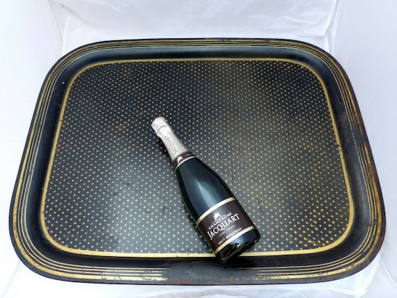 Huge 29" antique 19th century French Empire painted tin metal toleware rectangular tray