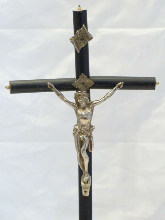 19th antique french 1860 turned blacked wood christ crucifix religious 20" tall