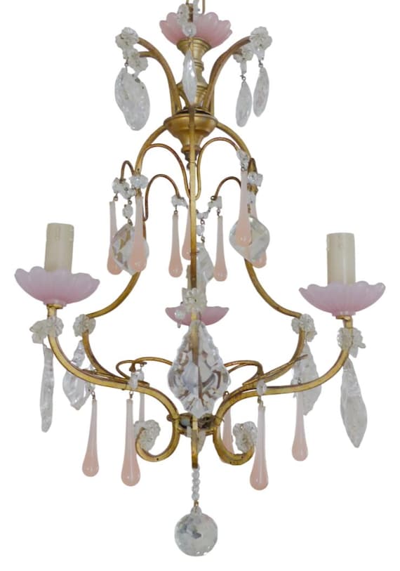 Antique chandelier peachy pink opaline drops cup beads murano rare 3 lights 1930