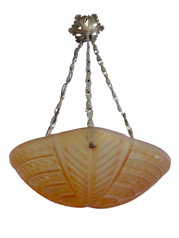 Signed Noverdy France Art Deco Pendant Light, Amber Pressed Glass Bowl, Original Bronze Fittings, 1930s French Lighting 25.6"H
