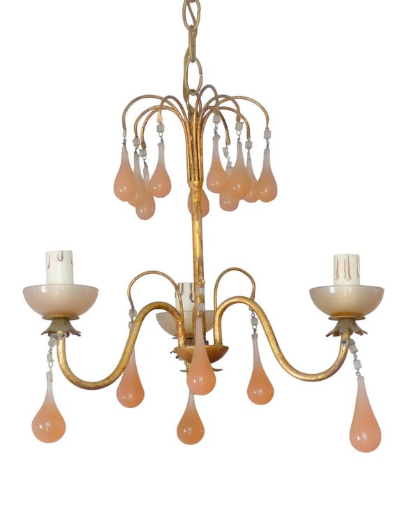 1930 antique chandelier pink opaline drops cup beads murano rare 3 lights wall