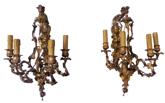 Large antique pair french wall light sconce rare 2 cherubs angels bronze 4 fires
