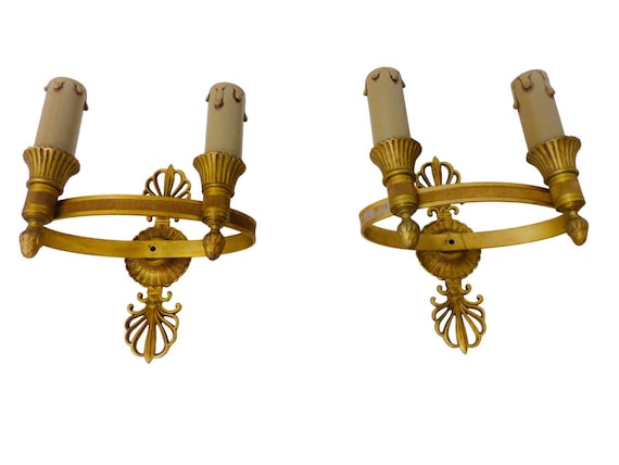 French Empire Style Gilt Bronze Wall Sconces Pair – 1930s Neoclassical Double Arm Wall Lights