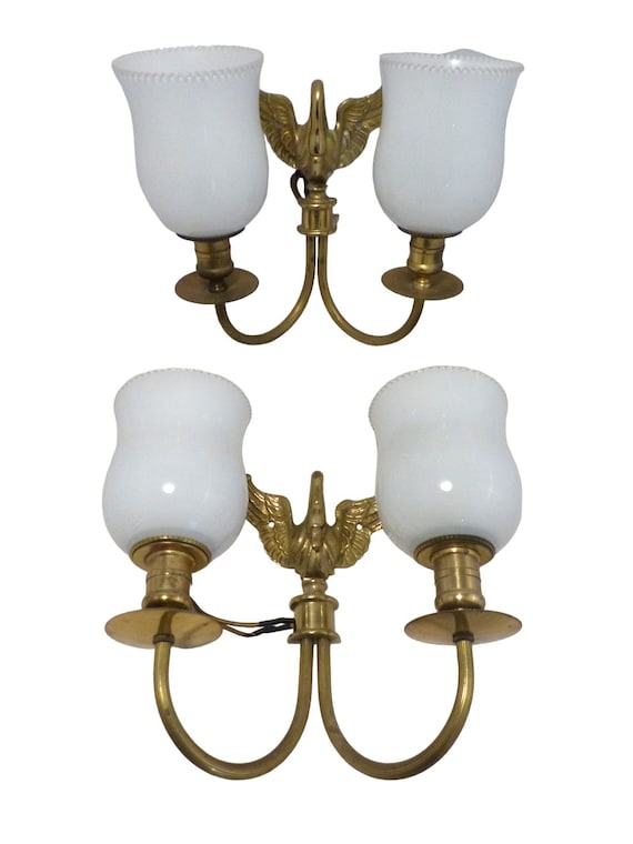 Vintage pair French empire wall light opaline rare 2 light swan bronze 1950