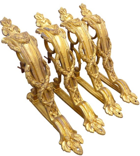 Set of 4 Antique French Gilt Bronze Curtain Rod Brackets, Louis XVI Style Drapery Rod Holders, Laurel Wreath, Late 19th Century 13"H