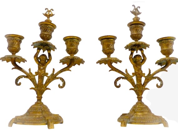 Gorgeous 19th antique pair French couple cherub candlestick gilded bronze patina