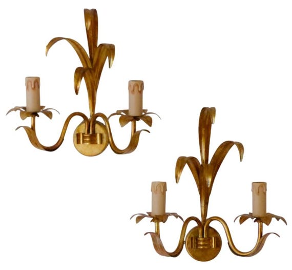 Gorgeous gilded metal wall light sconce 80's hollywood regency hans kogl style