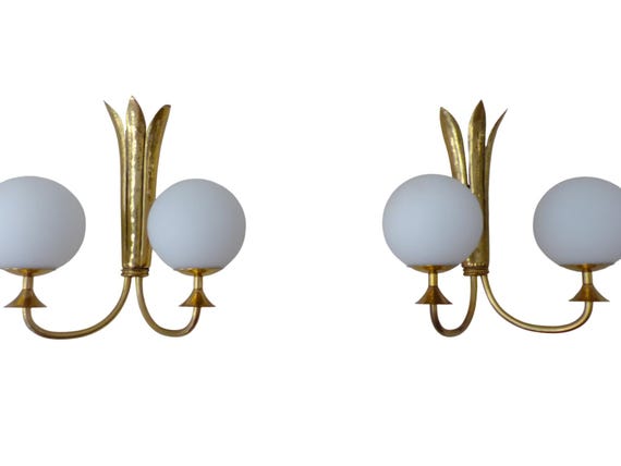 Pair Vintage Brass Palm Leaf Wall Sconces, Opal Glass Globes, 1970s-80s Maison Charles Style, Minimalist Mid Century Light 13"H