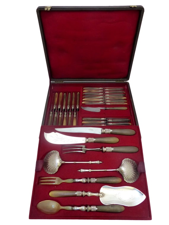 19th antique french horn handled 45pc table fruit knife serving set silver box