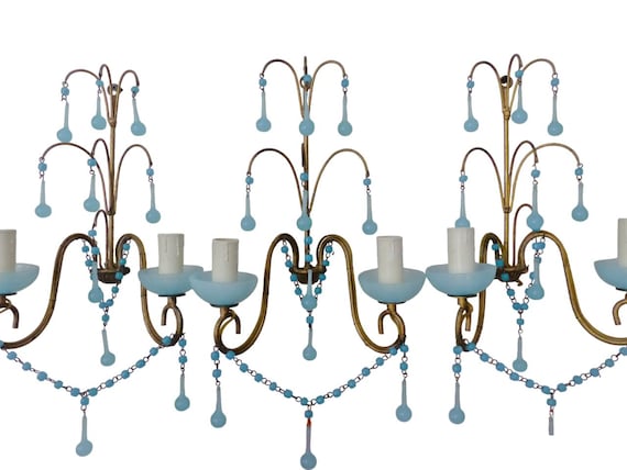 Murano 1930 antique set 3x wall light aqua blue opaline drops cup bead ceiling