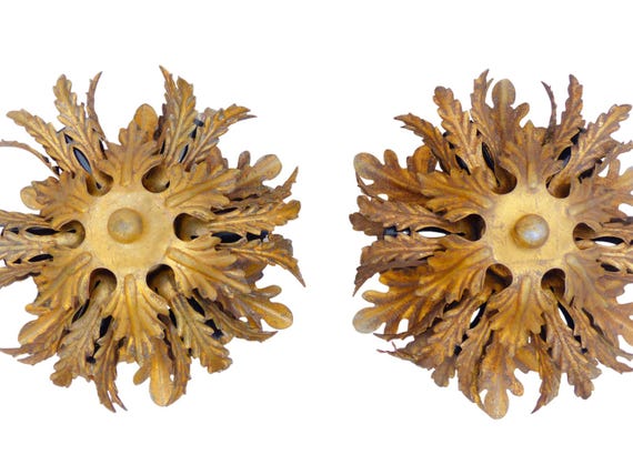 Pair Vintage Italian Banci Flush Mount Lights, Gilt Metal Sunburst, Acanthus Leaf, 6-Light Ceiling or Wall Sconce 7.9"D