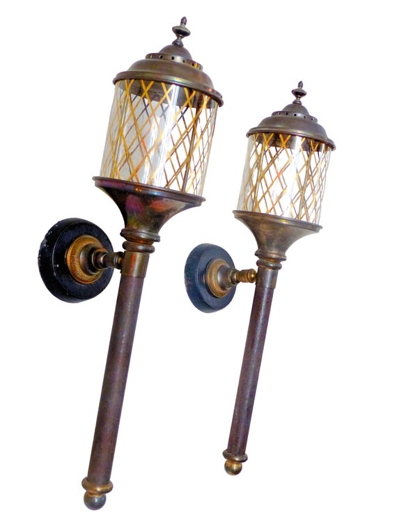 Antique empire French style pair brass torch wall lights sconce glass lamp 1930