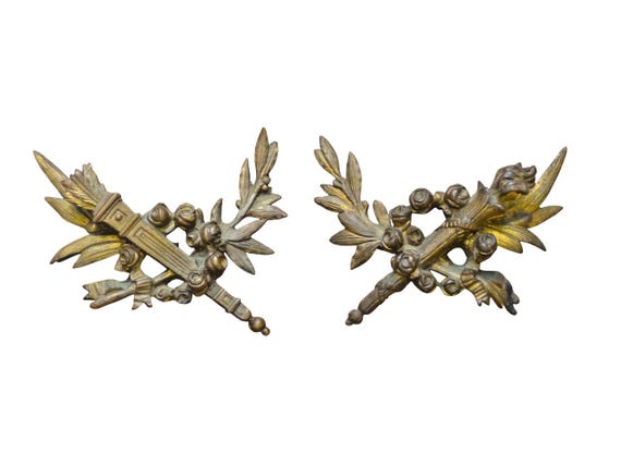 Pair early 19th antique French gilded bronze empire pediment hardware salvage