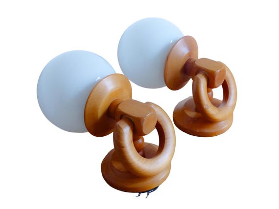 Superb pair of vintage Scandinavian wall lights from the 1980s, pine and antique white glass globe