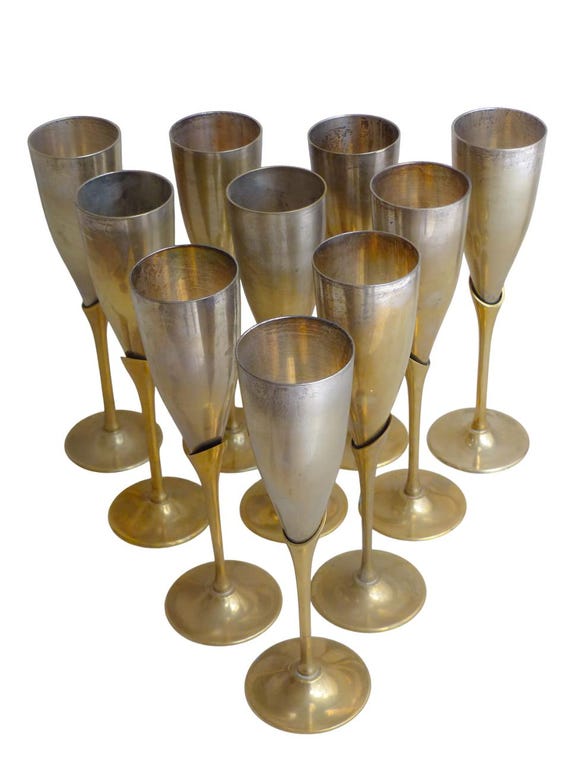 Charming set of x10 vintage champagne flutes brass & silverplated metal 9" - used