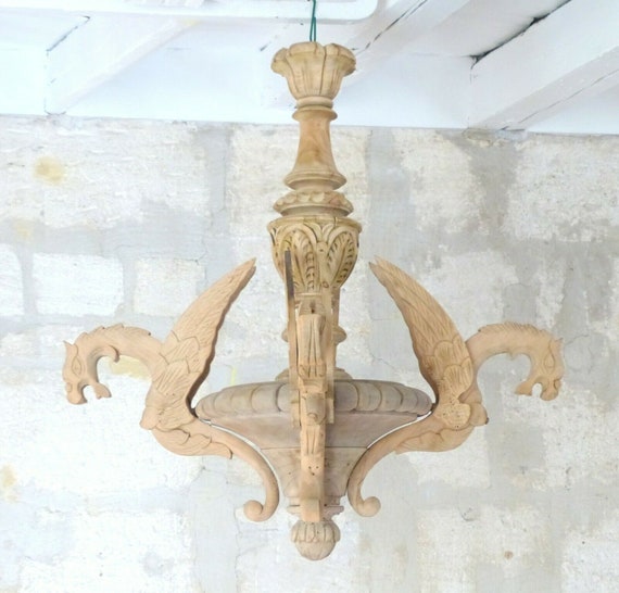 Large antique carved French wood gothic chimera candlestick 4 lights griffin 1900