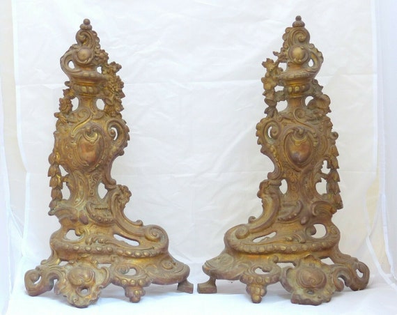 21" huge French antique ormolu bronze pair of irons, furniture pediment mount, 19th