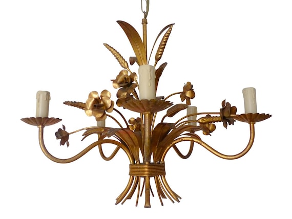 Vintage 1970s Hollywood Regency Gilded Metal Chandelier Ceiling Lamp Mid Century French HANS KOGL style