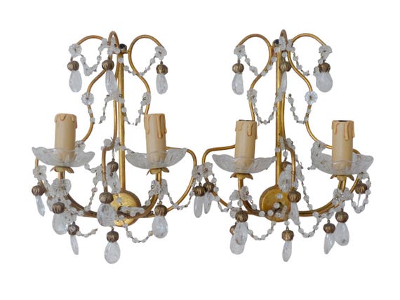 Vintage pair cage wall light clear crystal drop cup beads 1970's rare sconce