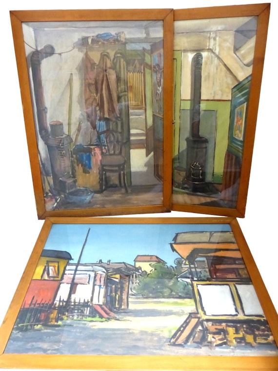 1900 set 3x antique painting theme gypsy trailers signed vitet 26x19" framed