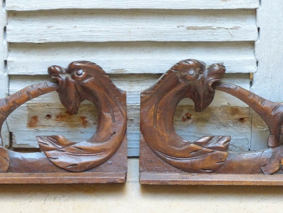 Pair antique french hand carved solid wood trim parts gothic chimera salvage