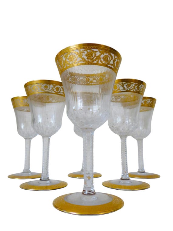 Set of 6 saint louis thistle wine glasses crystal gold rim french luxury mint