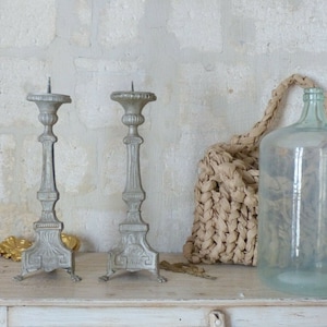 23&quot; pair of large 19th century french church candlesticks - brass & grey patina
