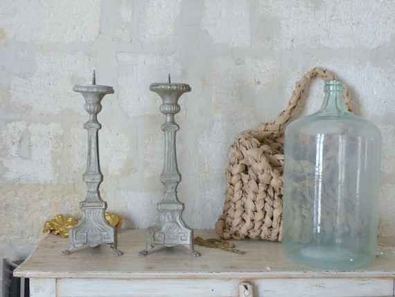 23" pair of large 19th century French church candlesticks - brass & gray patina