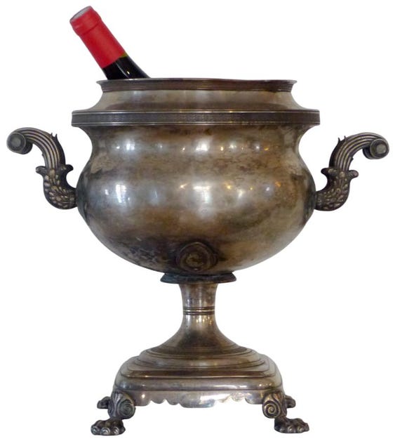 19th large charming antique french silverplated champagne ice wine bucket handle