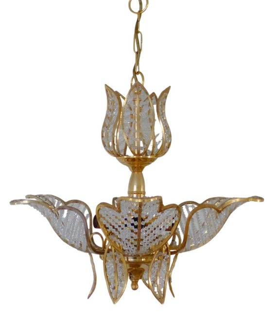 Vintage Hollywood Regency Brass Chandelier, Beaded Lotus Flower Chandelier, 6-Light Bakalowits Palwa Style, Mid Century Glam 19"D